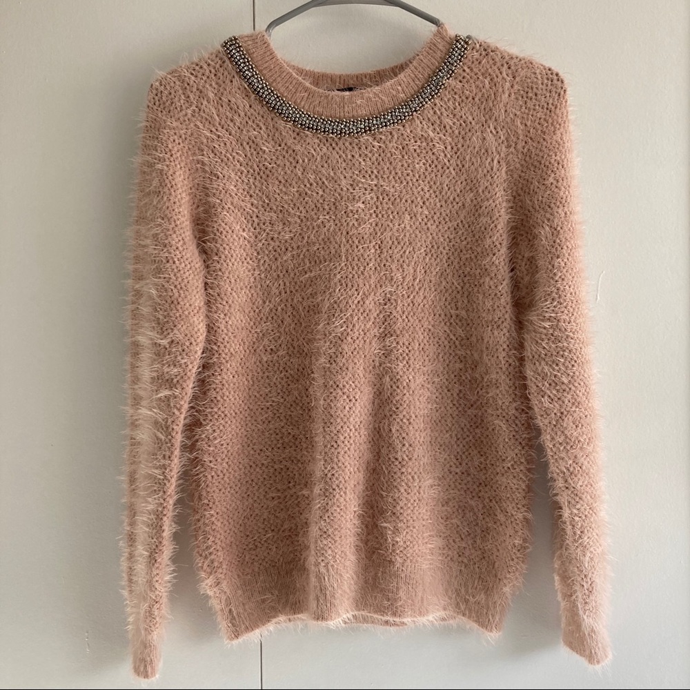 DustyPink Fuzzy Beaded Collar Soft Holiday Sweater